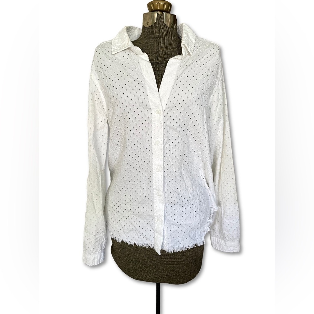 Bella Dahl White Eyelet Fringe Button Up Shirt Blouse Cotton Tencel Boho Coastal